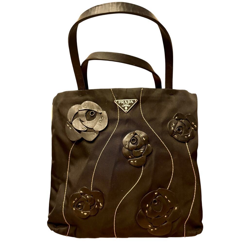 Prada Black Tessuto Nylon Shoulder Tote Bag Flower Applique Details Authentic